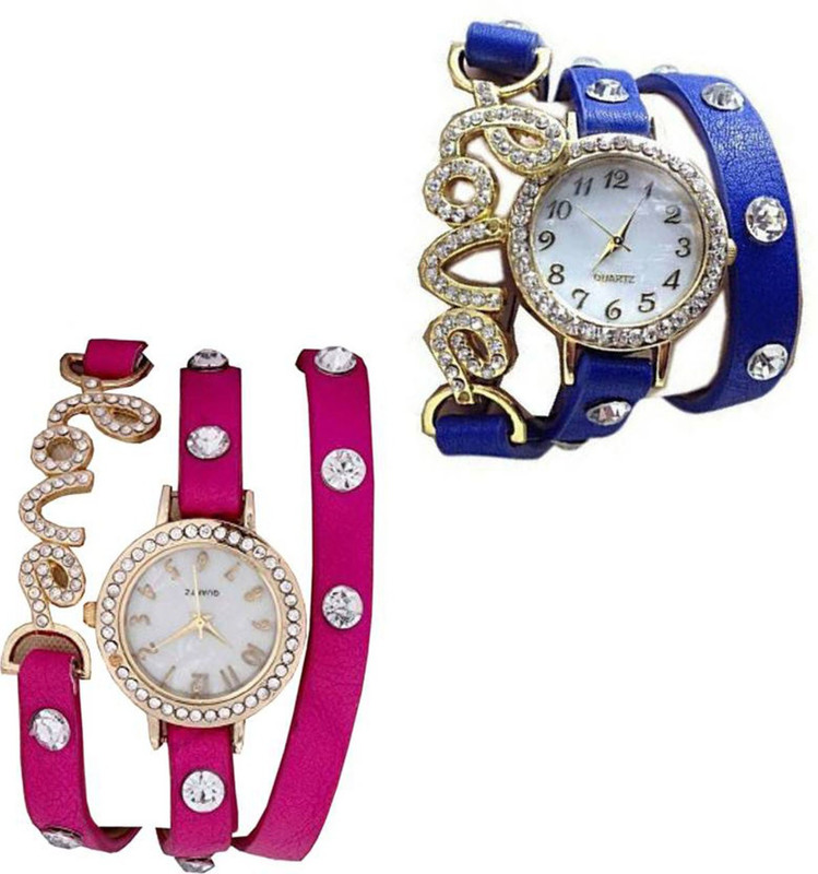 swanos New Stylish Watch Color Blue & Pink LOVE Watch Leather Belt For Women & Girls Analog Watch  - For Girls