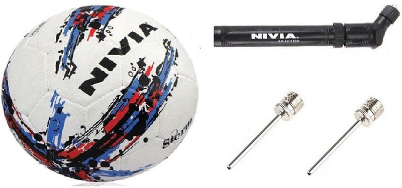 NIVIA Combo of Three, One Storm (White or Yellow) Football, One double action air inflation Pump and 2 Needles. Football Kit