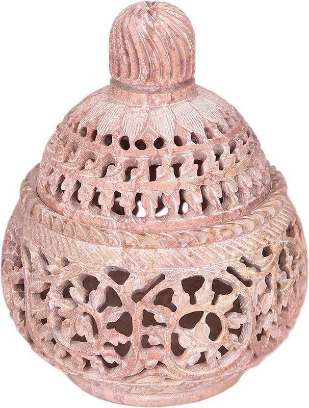u carry me Hand carved Soapstone Round Small Tea Light Candle Holder With Floral Jali - Lattice Work (Beige, 3 x 3 x 3" Inch) Marble Candle Holder(White, Pack of 1)