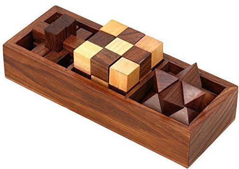 itos365 Wooden Puzzle 3 In Games Set Includes Wood Interlocking Blocks Diagonal Burr And Snake Cube In 9 X 3 4 Inches Storag(1 Pieces)