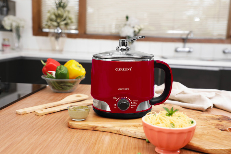 Clearline 8-in-1 Multi-cook Kettle : Wine Red Colour - One Appliance : Multiple Function Stainless Steel Steamer(1.2 L)