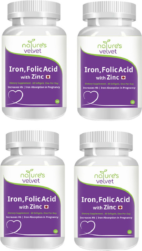 Natures Velvet Lifecare Iron & Folic Acid with Zinc, 60 Softgels - Pack of 4(240 No)