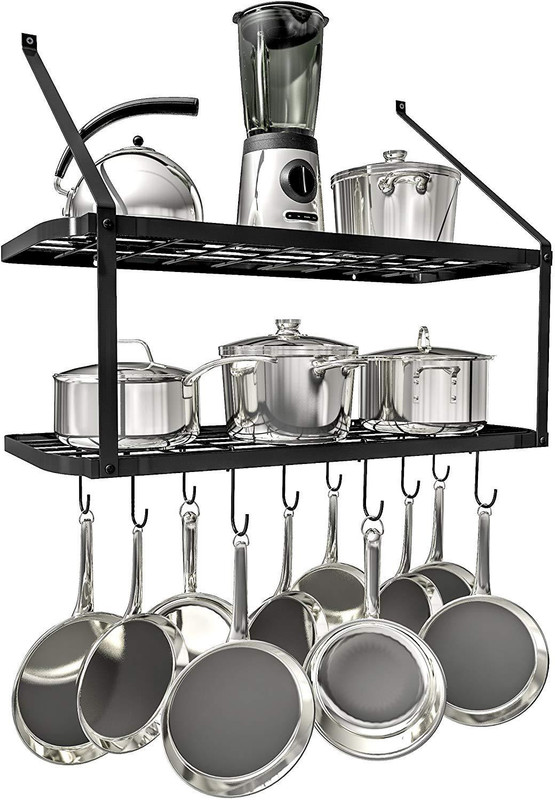 indian starline Shelf Pot Rack Wall Mounted Pan Hanging Racks 2 Tire (Black) Steel Kitchen Rack(Black)