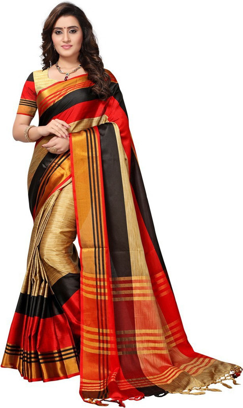 Saara Self Design Fashion Poly Silk Saree(Beige, Red, Black)