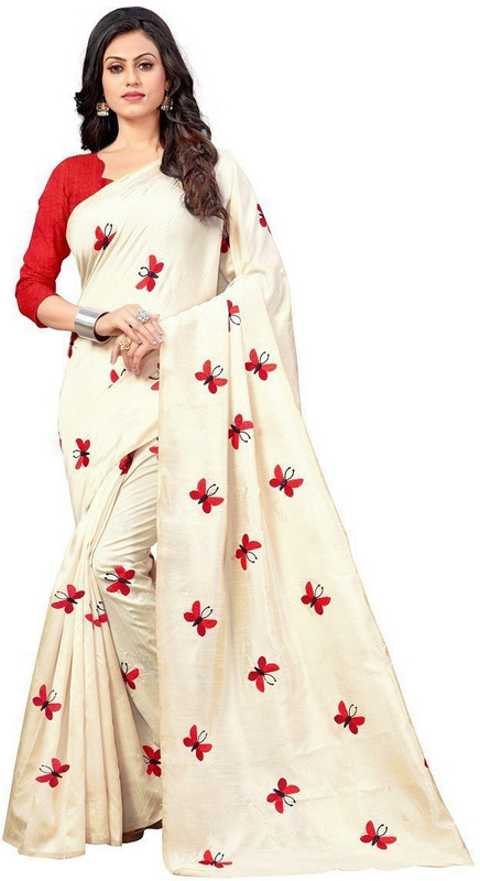 nena fashion Embroidered Bollywood Cotton Blend Saree(Cream)