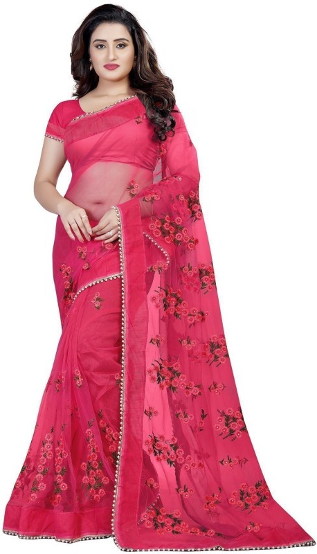 Monrav Embroidered Fashion Net Saree(Pink)