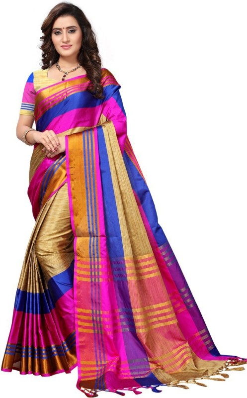 Saara Striped, Woven, Embellished Kanjivaram Poly Silk Saree(Multicolor)