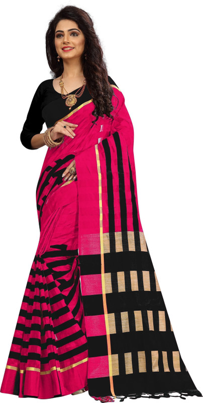 impression fab Striped Manipuri Kota Cotton Saree(Pink, Black)