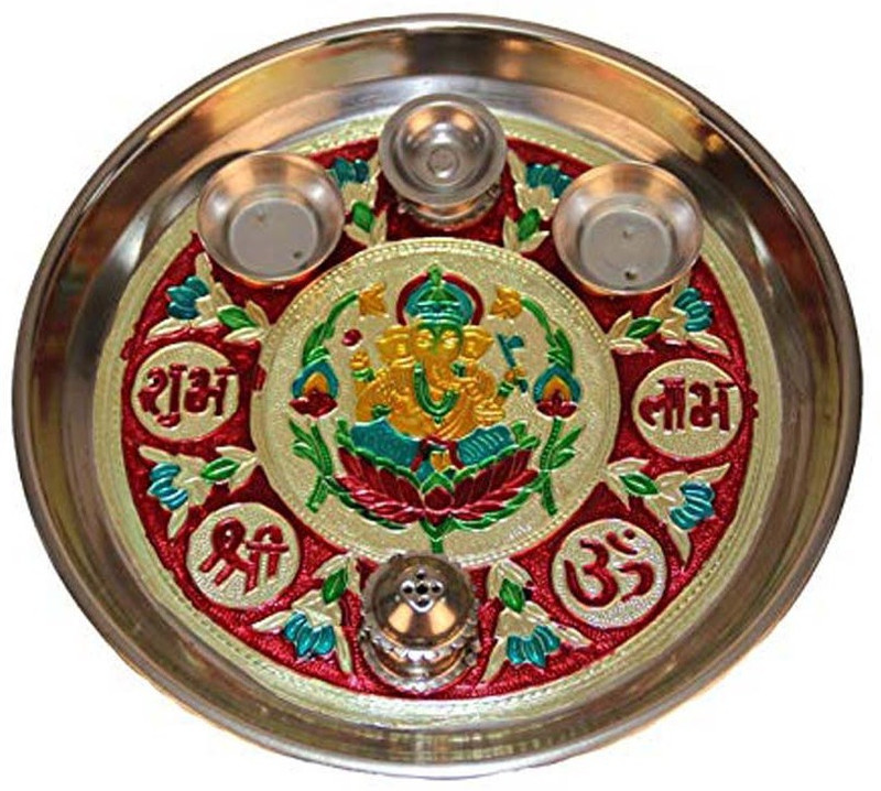 ethniccreations2 1 Pc Stainless Steel Ganesh lakshmi Diwali Puja thali Plate Temple Pooja Bhai dooj gift Steel(1 Pieces, Silver)