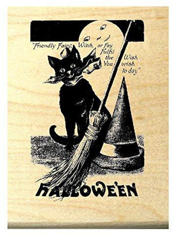 dragonflylaser Halloween cat with broom and hat rubber stamp P5