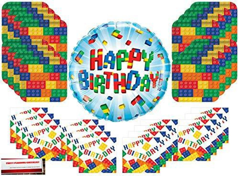 building blocks Birthday Party Supplies Bundle Pack For 16 With 18 Inch Balloon (Plus Party Planning Checklist By Mikes Super St(Multicolor)