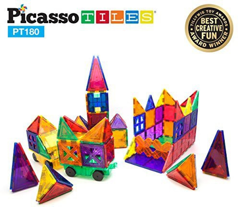 PicassoTiles 180 Piece Set 180Pc Building Block Toy Deluxe Construction Kit Magnet Building Tiles Clear Color Magnetic 3D Constr(Multicolor)