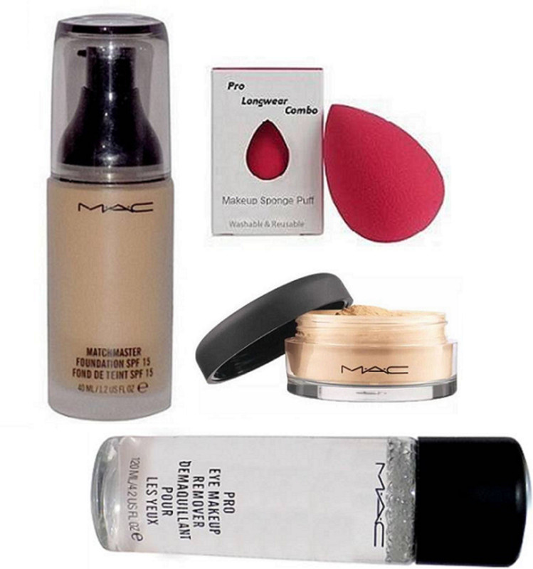prolongwear combo Sponge Puff, MatchMaster Foundation Spf 15, Select Sheer Loose Powder, Mineralize Charged Water Cleaner Nettoyant Eye Makeup Remover,(Set of 4)