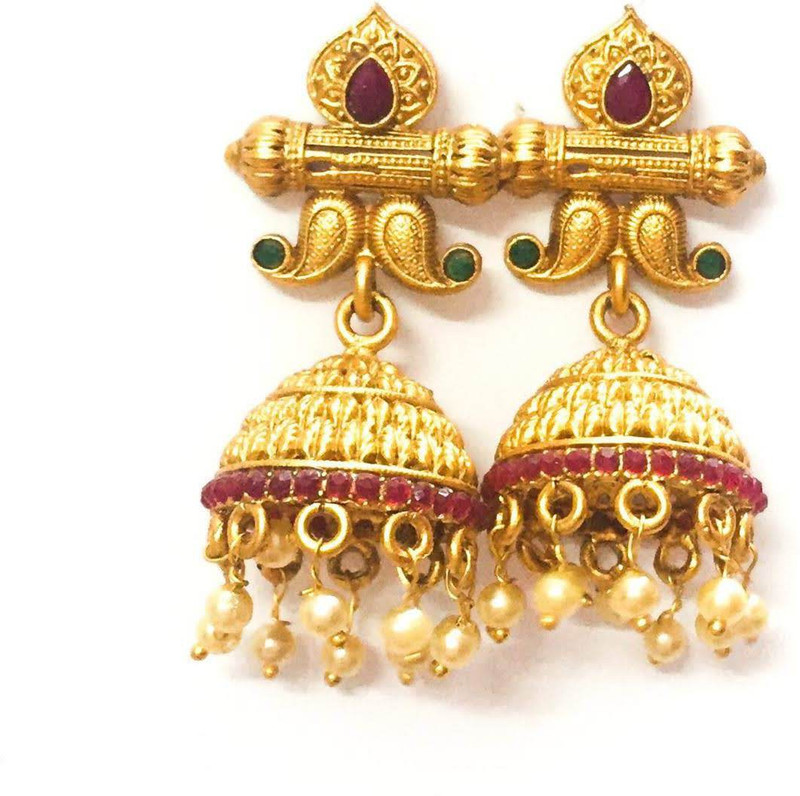 shre jewellery Antique golden multicolour stone pearl hanging jhumki Copper Jhumki Earring