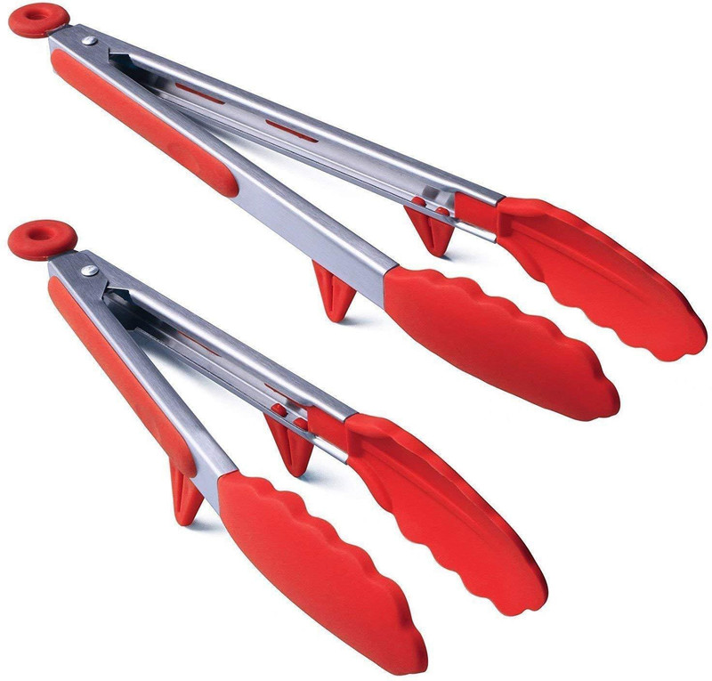 ramkuwar Silicone Cooking Tongs?Kitchen Food Tongs?Stainless Steel Material with Heat Resistant Premium Silicone Grip for BBQ Grilling Turner Cooking Tips, 2 Pack (9 Inch+12 Inch) (Red) 12 cm NA Tongs(Pack of 1)