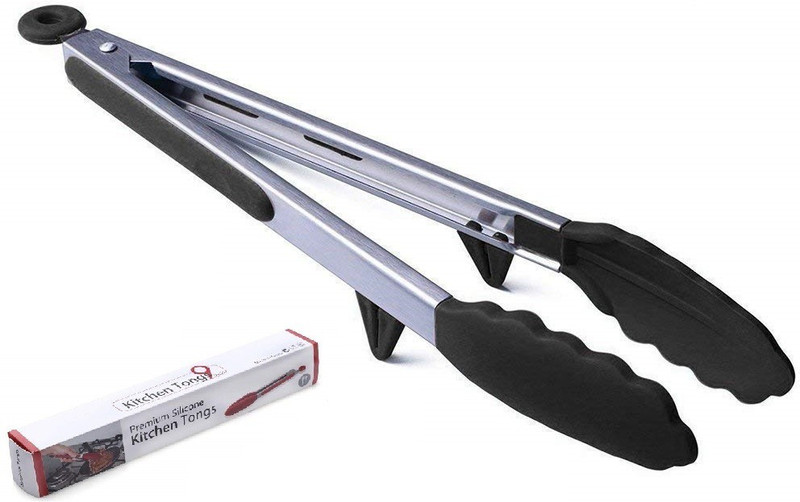 ramkuwar Silicone Cooking Tongs?Kitchen Food Tongs?Stainless Steel Material with Heat Resistant Premium Silicone Grip for BBQ Grilling Turner Cooking Tips, 9 Inch (Black) 9 cm NA Tongs(Pack of 1)