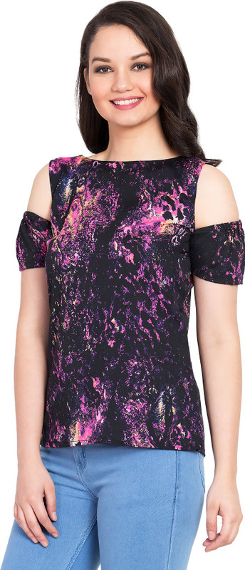 amour 316 Casual Cold Shoulder Animal Print Women Black Top