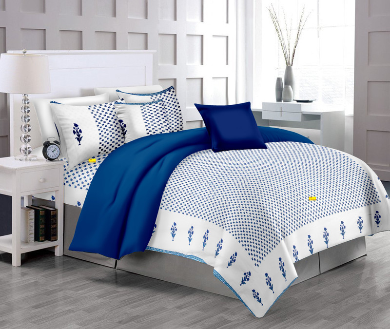 fab nation 600 TC Cotton Double King Floral Bedsheet(Pack of 1, White, Blue)