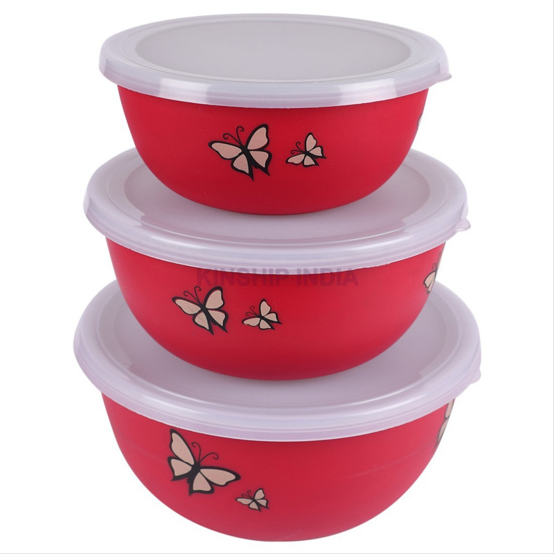 kinship india Kinship Microwave Safe Stainless Steel Plastic Coated Designer Euro Bowl Set of 3 Plastic, Stainless Steel Bowl Set(Multicolor, Pack of 3)
