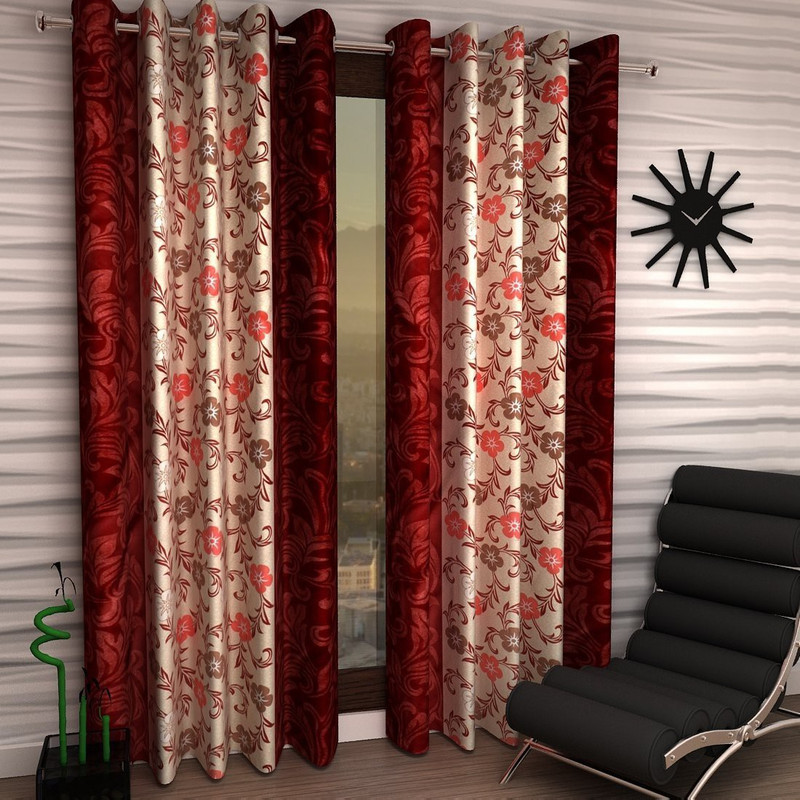 amarzon home furnishing 213 cm (7 ft) Polyester Door Curtain (Pack Of 2)(Floral, Maroon)