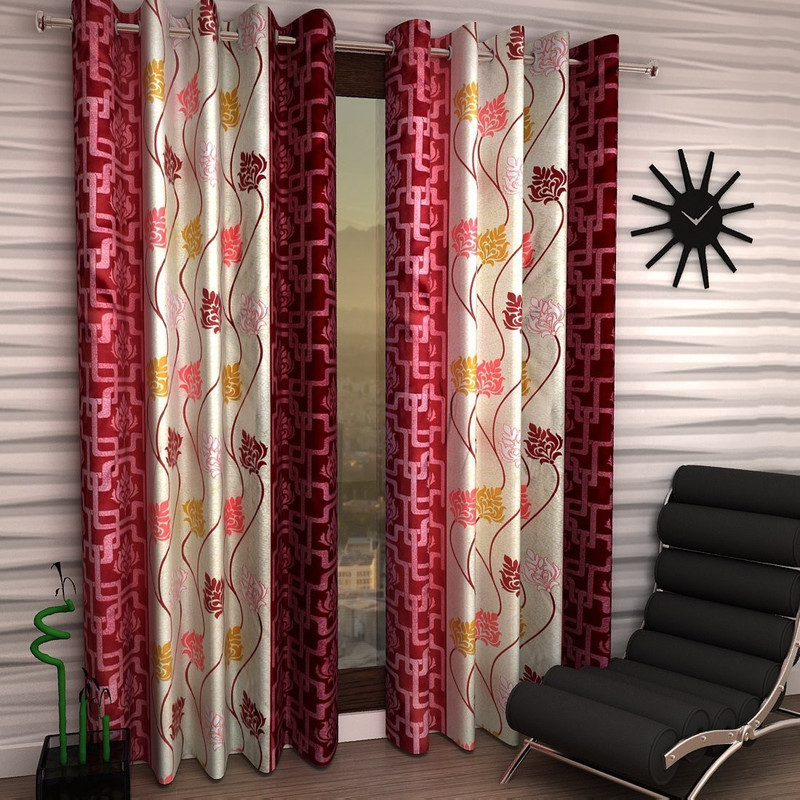 amarzon home furnishing 213 cm (7 ft) Polyester Door Curtain (Pack Of 2)(Floral, Maroon)