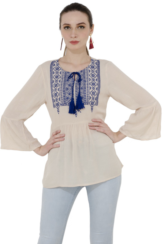mermaid ocean Casual 3/4 Sleeve Embroidered Women Beige Top