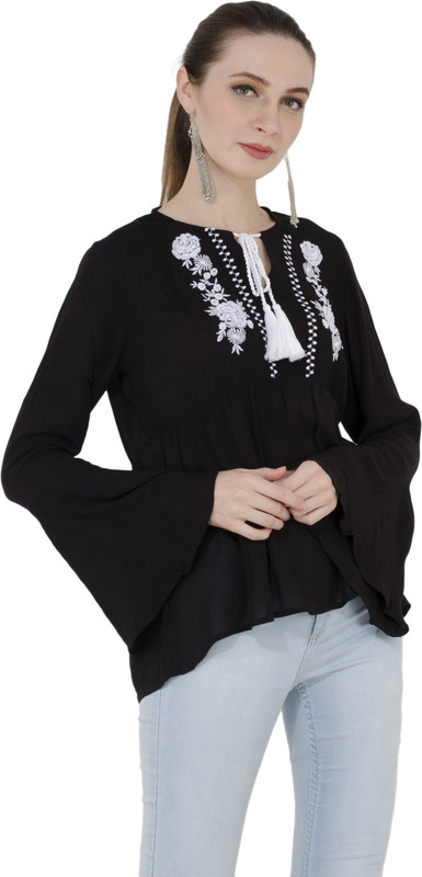mermaid ocean Casual 3/4 Sleeve Embroidered Women Black Top
