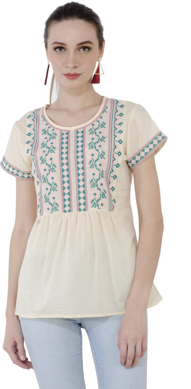 mermaid ocean Casual Short Sleeve Embroidered Women Beige Top