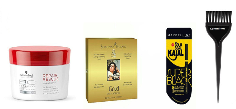 comminors of Hair Brush & Bonacure Repair Resuce Masque 200ml & 24 carat gold facial kit 40 gm & Super BLack Kajal 0.35 gm (set of 4)(4 Items in the set)