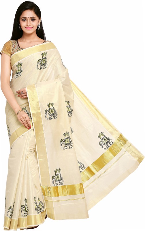 onam traditions Printed Kasavu Cotton Blend Saree(Gold)
