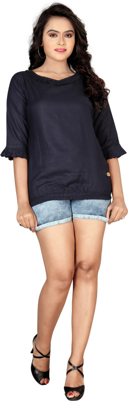 skyfashion Casual 3/4 Sleeve Solid Women Black Top