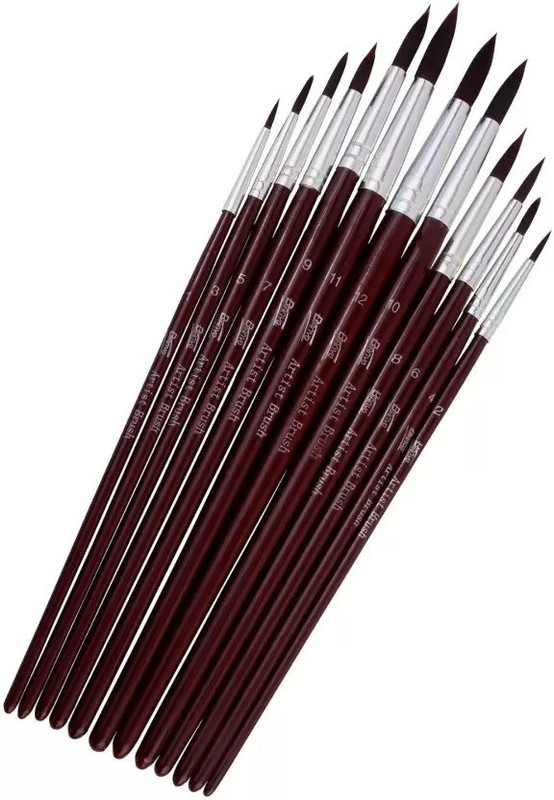 kraftmasters Short Handle Synthetic Round Pointed Tip Artist (Set of 12, Dark brown(Brown)