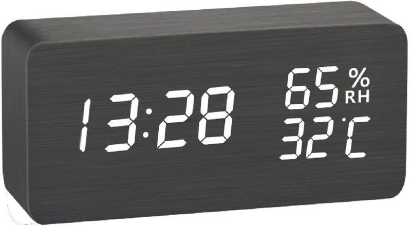 kraftmasrers Digital Wooden Digital Electronic Alarm Table Desk Clock with Temperature + Date + Time Display. (Black, Rectangle) Clock