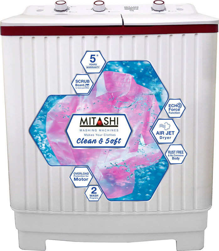 Mitashi 6.2 kg Semi Automatic Top Load Washing Machine White, Maroon(MiSAWM62v25 AJD) RS.9490 (36.00% Off) - Flipkart