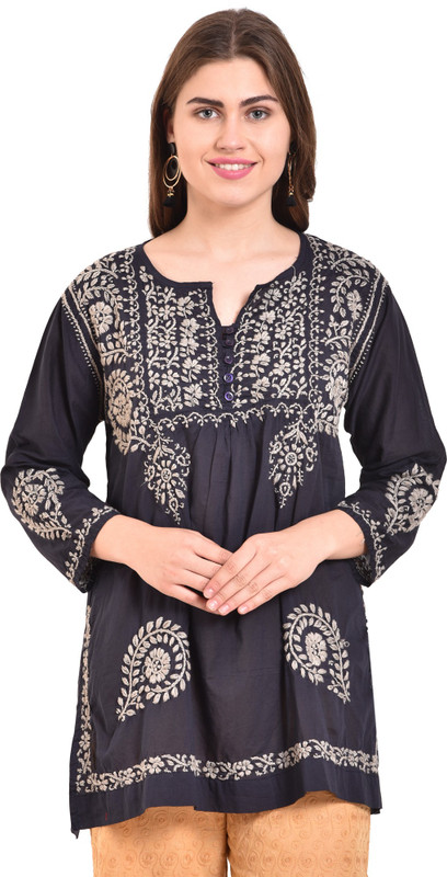 haniya Casual Chikan Embroidery, Resham Embroidery, Solid Women Kurti(Dark Blue, Grey)