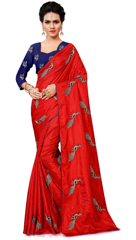 fantasy fab Embroidered Fashion Poly Silk Saree(Red)