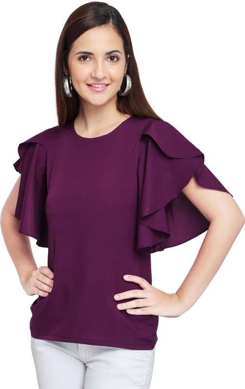 Oomph! Casual Butterfly Sleeve Solid Women's Purple Top