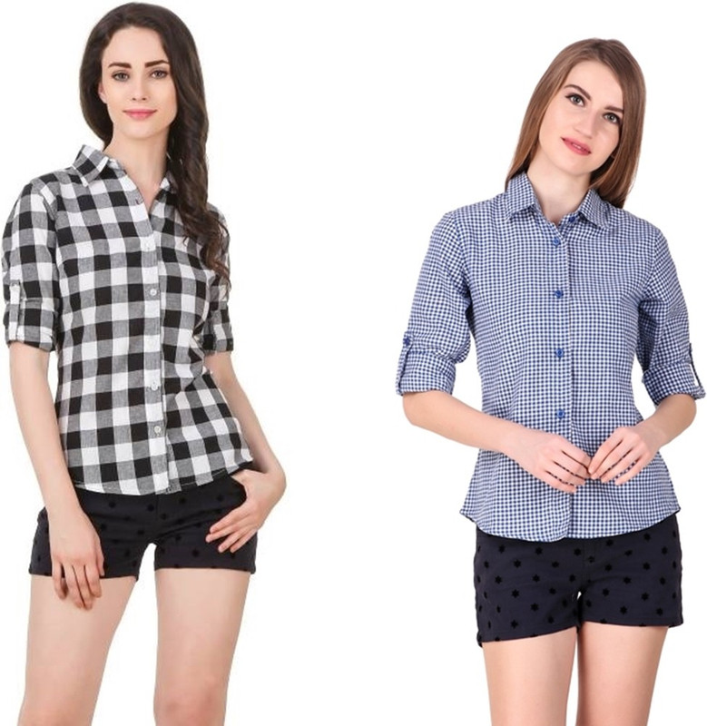 pour femme Women Checkered Casual Black Shirt(Pack of 2)