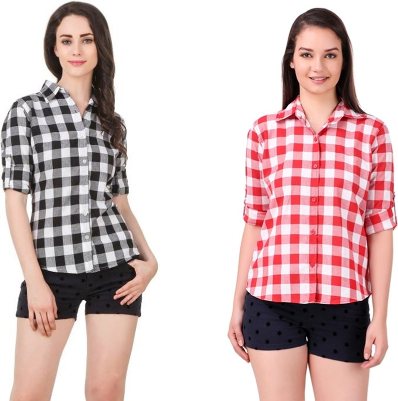 pour femme Women Checkered Casual Black Shirt(Pack of 2)