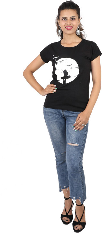 xencat Graphic Print Women Round Neck Black T-Shirt