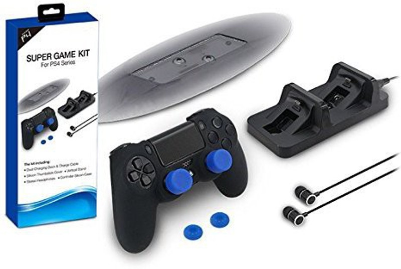 Microware Super Game Kit For PS4 Series 5in1 Gaming Sets For PS4 Stand Headphone Silicone Charging Dock thumbstick Gaming Accessory Kit(Black, For PS4)