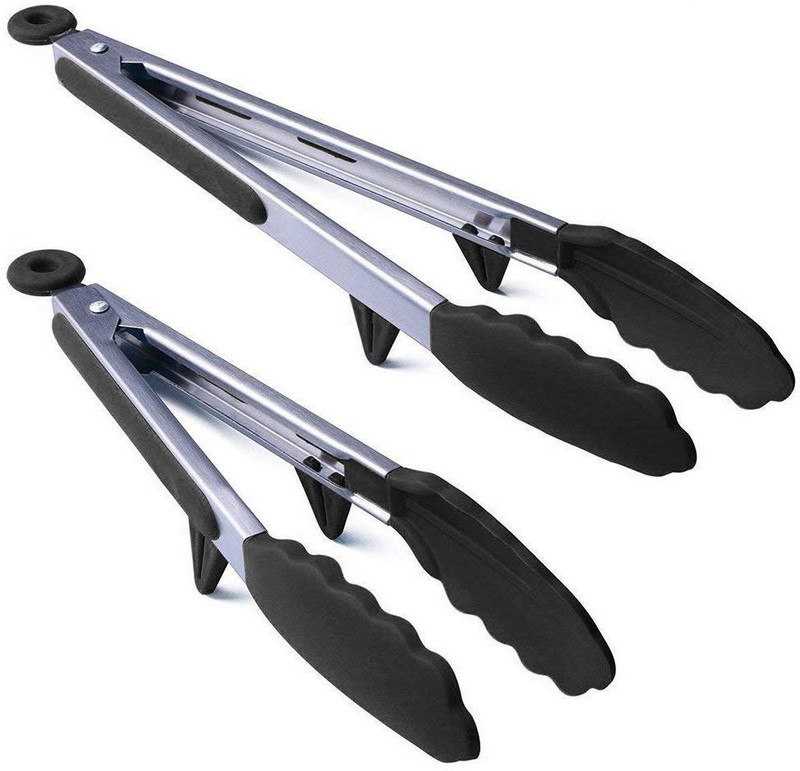 ramkuwar Silicone Cooking Tongs?Kitchen Food Tongs?Stainless Steel Material with Heat Resistant Premium Silicone Grip for BBQ Grilling Turner Cooking Tips, 2 Pack (9 Inch+12 Inch) (Black) 12 cm NA Tongs(Pack of 2)