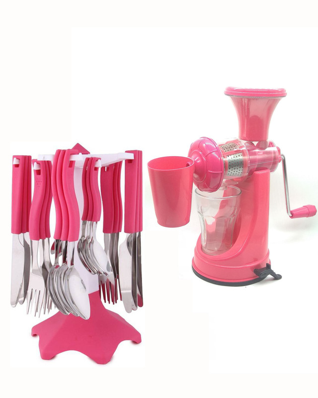 yakeen jc Ambition Pro (+) pink juicer and pink cutlery set ( 6 baby spoon and 6 butter knife and 6 dessert fork and 6 dessert spoon ) abs plastic Pink Kitchen Tool Set(Pink)