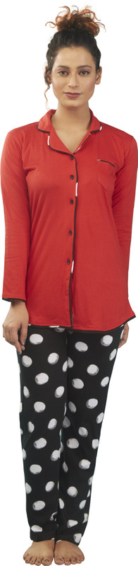 farry Women Self Design Red Night Suit Set