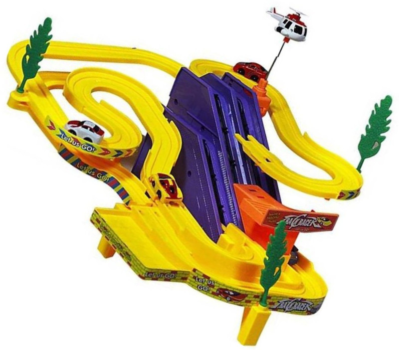 skyler Track Racer Racing Car Set With Rotating Helicopter(Multicolor)