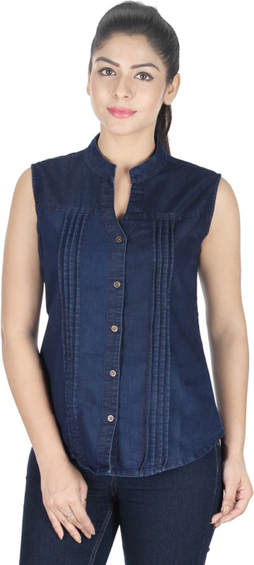 king denim Women Washed Casual Blue Shirt