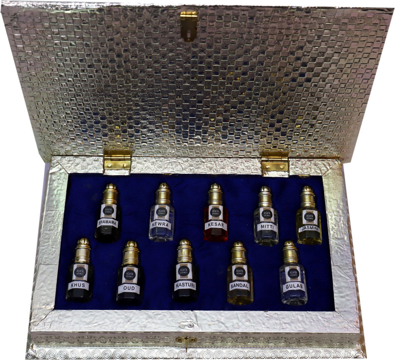ashtaaromas Traditional Attars Set of 10(8ml each) in Ethnic AttarDani: Oud, Shamama, Kewra, Jasmine, Kesar, Sandal, Gulab, Mitti, Kasturi & Khus Herbal Attar(Floral)