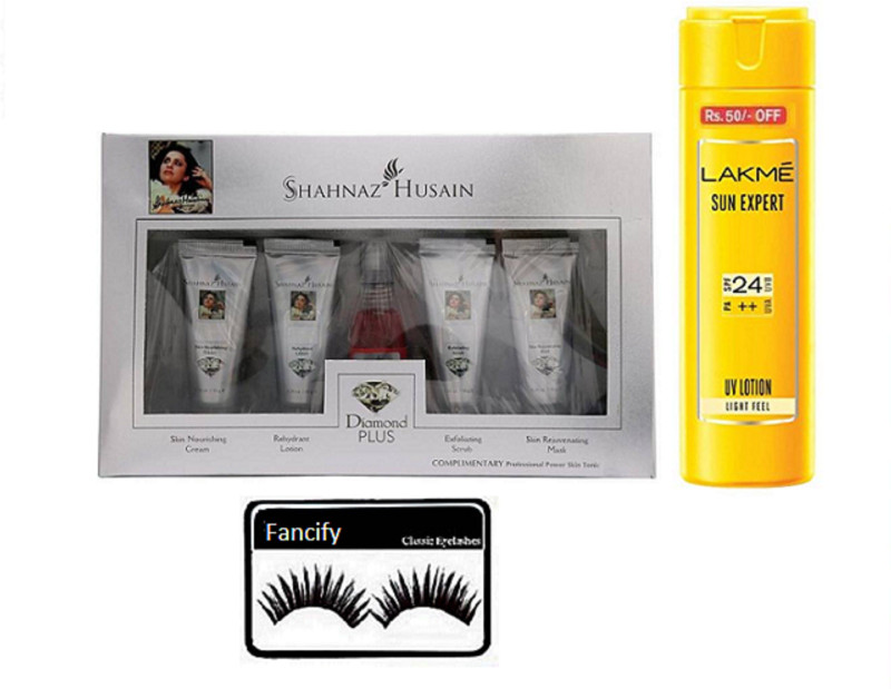fancify Eyelashes , Shahnaz Husain Diamond Facial kit , Lakme Sun Expert Sunscreen Lotion(Set of 3)