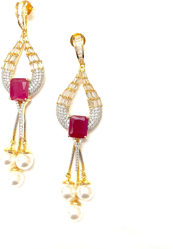 bohemy DESIGNER TRENDY TWO TONE GOLD PLATED LOMG EARRING WITH MULTI COLORED STONE WORK AND HANGING PEARL Zircon Metal Drops & Danglers
