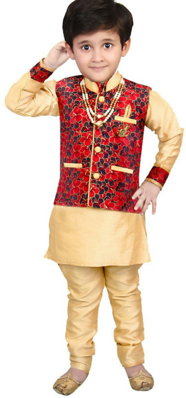 fab fashions Boys Festive & Party Kurta, Waistcoat and Pyjama Set(Red Pack of 1)
